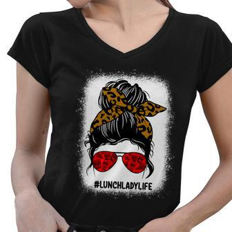 Bleached Lunch Lady Messy Bun Hair Leopard Print Sunglasses Cool Gift Women V-Neck T-Shirt - Monsterry