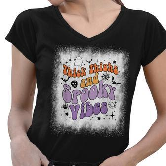 Bleached Thick Thighs And Spooky Vibes Boo Ghost Halloween Women V-Neck T-Shirt - Seseable