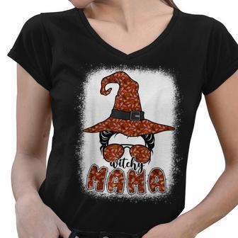 Bleached Witchy Mama Halloween Messy Bun Witch Mom Spooky Women V-Neck T-Shirt - Seseable