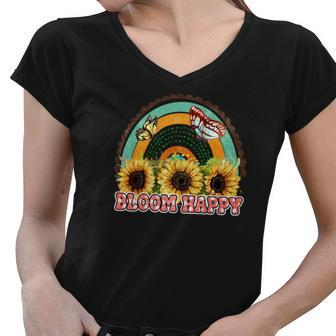 Boho Vintage Bloom Happy Flower And Butterfly Design Women V-Neck T-Shirt - Seseable