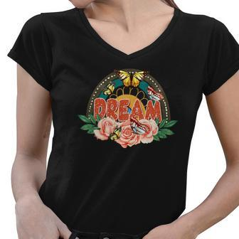 Boho Vintage Dream Flower And Butterfly Custom Women V-Neck T-Shirt - Seseable
