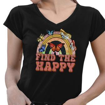 Boho Vintage Find The Happy Place Custom Women V-Neck T-Shirt - Seseable