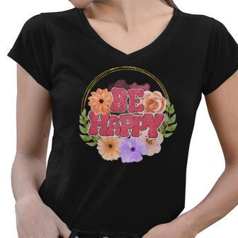 Boho Vintage Retro Vintage Be Happy Women V-Neck T-Shirt - Seseable