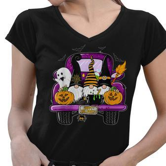 Boo Pumpkin Witch Gnomes In Halloween Truck Funny Holiday Women V-Neck T-Shirt - Seseable