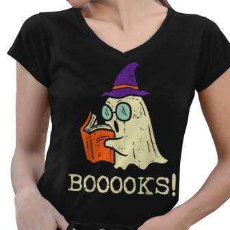 Books Ghost Boo Funny Reading Halloween Teacher Librarian Women V-Neck T-Shirt - Seseable