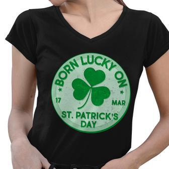 Born Lucky On St Patricks Day Graphic Design Printed Casual Daily Basic Women V-Neck T-Shirt - Thegiftio UK