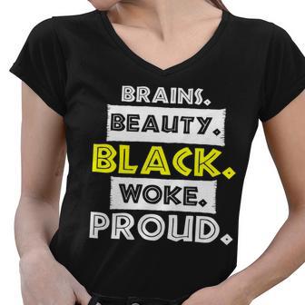 Brains Beauty Black Woke Proud Women V-Neck T-Shirt - Monsterry