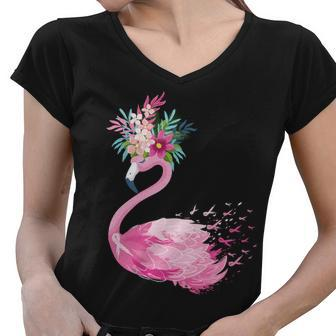 Breast Cancer Awareness Flamingo Floral Women V-Neck T-Shirt - Monsterry