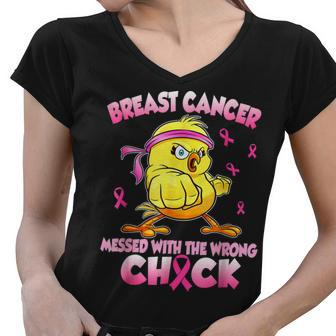 Breast Cancer Awareness Messed With The Wrongs Chick Funny Women V-Neck T-Shirt - Thegiftio UK
