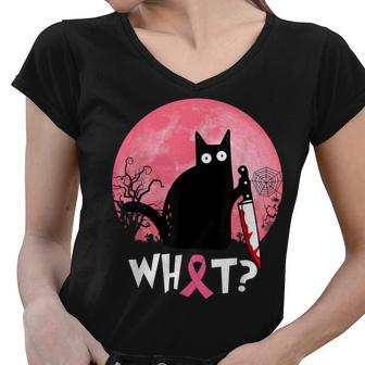 Breast Cancer Black Cat What Halloween Cat With Knife Women V-Neck T-Shirt - Seseable