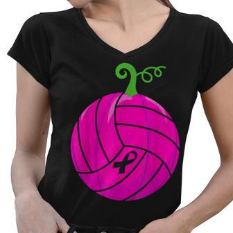 Breast Cancer Pink Volleyball Awareness Pumpkin Halloween V2 Women V-Neck T-Shirt - Thegiftio UK