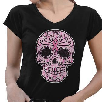 Breast Cancer Sugar Skull Day Of The Dead Dia De Los Muertos Women V-Neck T-Shirt - Monsterry DE