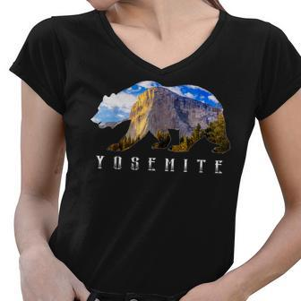 California Bear With Yosemite National Park Image Souvenir Women V-Neck T-Shirt - Seseable