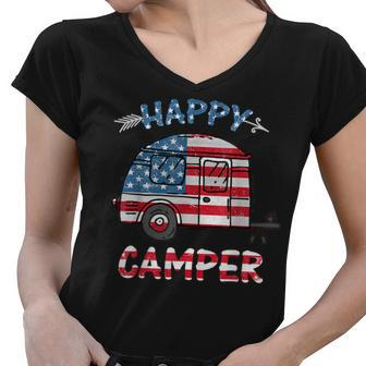 Camper Merica American Happy Pride Flag 4Th Of July Camping V2 Women V-Neck T-Shirt - Seseable