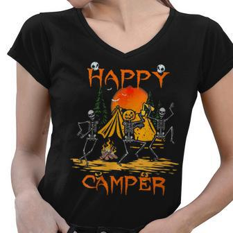 Camping Camper Happy Halloween Skeleton Dancing Women V-Neck T-Shirt - Seseable