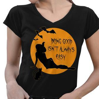Cat And Witch Being Good Isnt Always Easy Adult Halloween Women V-Neck T-Shirt - Seseable