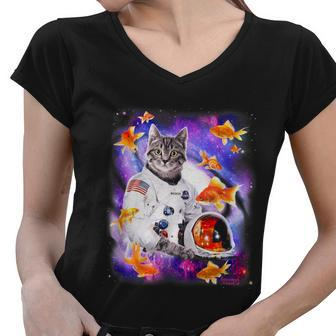 Cat Astronaut In Cosmic Space Funny Shirts For Weird People Women V-Neck T-Shirt - Monsterry