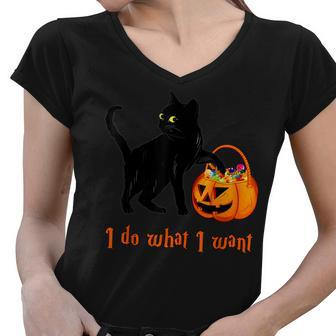 Cat I Do What I Want Halloween Candy Pumpkin Bag Black Cat Women V-Neck T-Shirt - Seseable