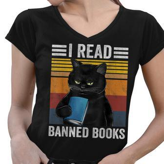 Cat I Read Banned Books Funny Bookworms Reading Book Women V-Neck T-Shirt - Thegiftio UK