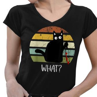 Cat What Funny Halloween Black Cat With Knife Women V-Neck T-Shirt - Seseable