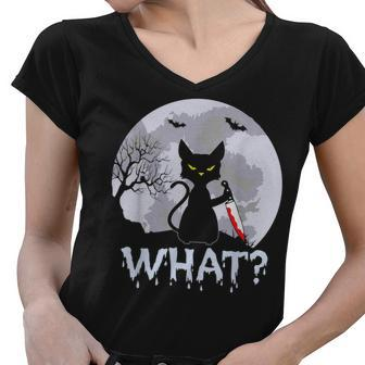 Cat What Murderous Black Cat With Knife Halloween Costume V6 Women V-Neck T-Shirt - Seseable