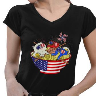 Cats Ramen Anime American Flag Funny 4Th Of July Cat Lovers Women V-Neck T-Shirt - Monsterry