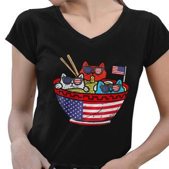 Cats Ramen Anime American Flag Usa Funny 4Th Of July Fourth Women V-Neck T-Shirt - Monsterry