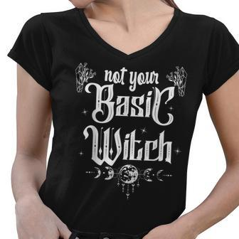 Celestial Witch Crescent Halloween Basic Witch Crystal Wicca Women V-Neck T-Shirt - Seseable