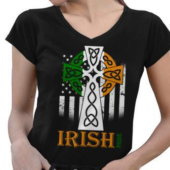 Celtic Cross Irish American Pride Women V-Neck T-Shirt - Monsterry