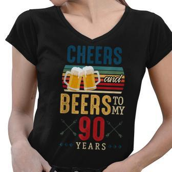 Cheers And Beers To My 90 Years 90Th Birthday Women V-Neck T-Shirt - Seseable