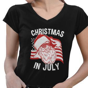 Christmas In July Retro Hipster Funny Santa 4Th Of July Women V-Neck T-Shirt - Monsterry