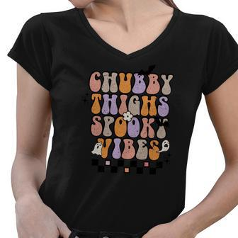 Chubby Thights And Spooky Vibes Halloween Groovy Women V-Neck T-Shirt | Seseable CA