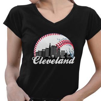 Cleveland Baseball Skyline Retro Tshirt Women V-Neck T-Shirt - Monsterry UK