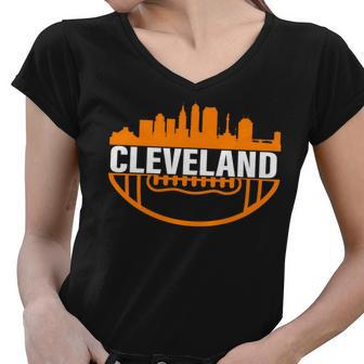 Cleveland Football Skyline City Logo Women V-Neck T-Shirt - Monsterry