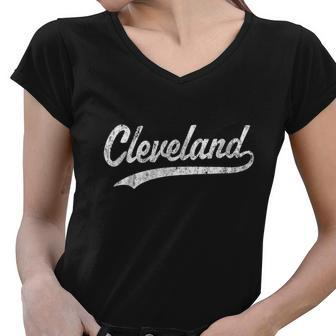 Cleveland Oh Vintage Baseball Sports Script Women V-Neck T-Shirt - Monsterry CA