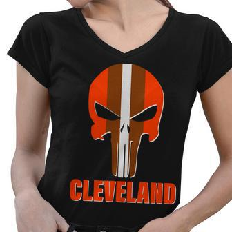 Cleveland Skull Football Tshirt Women V-Neck T-Shirt - Monsterry