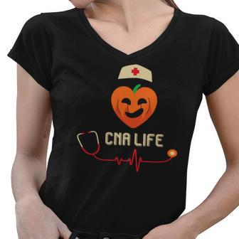 Cna Life Nurse Heartbeat Job Fall Pumpkin Women V-Neck T-Shirt - Seseable