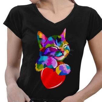Colorful Cat Full Of Love Kitten Lovers Women V-Neck T-Shirt - Monsterry DE