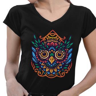 Colorful Floral Mandala Owl Women V-Neck T-Shirt - Monsterry UK