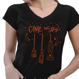 Come We Fly Basic Witch Broom Happy Halloween Women V-Neck T-Shirt - Seseable
