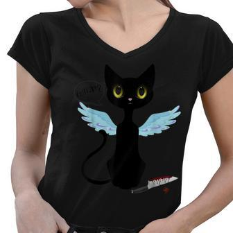 Cool Murderous Black Cat What With Knife Funny Halloween Women V-Neck T-Shirt - Seseable