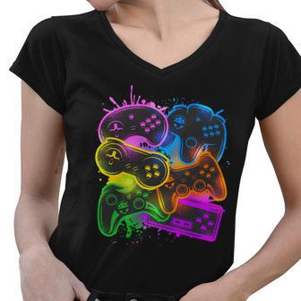 Cool Retro Neon Graffiti Video Game Controllers Women V-Neck T-Shirt - Monsterry AU