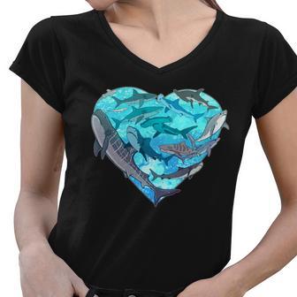 Cool Shark Love Heart Women V-Neck T-Shirt - Monsterry CA