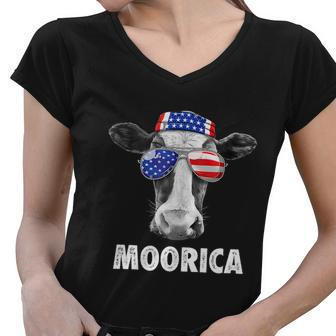 Cow 4Th Of July Moorica Merica Men American Flag Sunglasses Women V-Neck T-Shirt - Monsterry