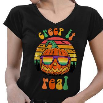 Creep It Real Halloween Ghost Groovy Spooky Witch Boys Girls Women V-Neck T-Shirt - Seseable