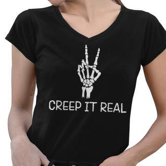 Creep It Real Peace Sign Skeleton Hand Funny Bones Halloween Women V-Neck T-Shirt - Seseable