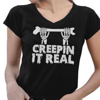 Creep It Real Skeleton Funny Halloween Women V-Neck T-Shirt - Seseable