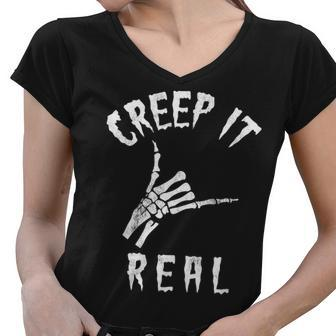 Creep It Real Skeleton Hand Shaka Funny Spooky Halloween Women V-Neck T-Shirt - Seseable