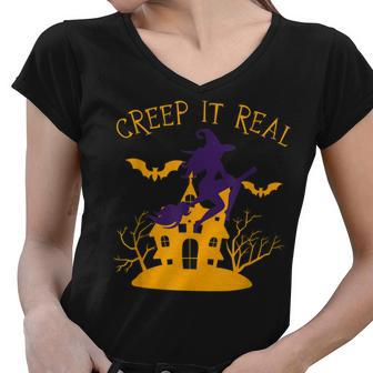 Creep It Real Witch Broom Funny Spooky Halloween Women V-Neck T-Shirt - Seseable