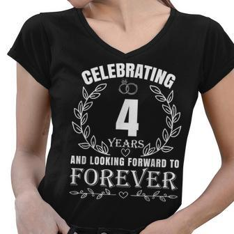 Cute 4Th Wedding Anniversary For Couples Married 4 Year Women V-Neck T-Shirt - Seseable